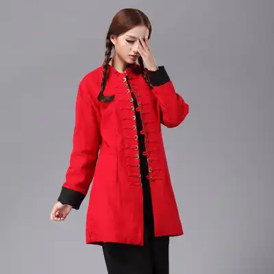 民族风新款手工盘扣冬装中式棉麻复古女士双层外套铜钱衣