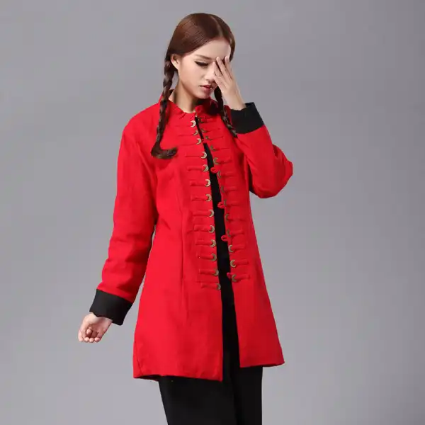 民族风新款手工盘扣冬装中式棉麻复古女士双层外套铜钱衣