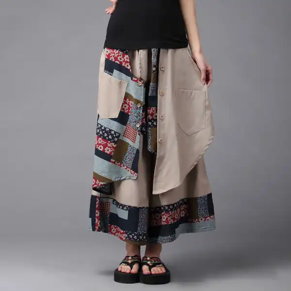 民族风大码休闲长裤阔腿棉麻长裙裤中腰宽松裤裙