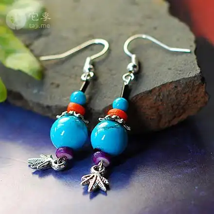 民族风它季古典宫廷唯美时尚特色绿松石叶子耳环原创手工热卖